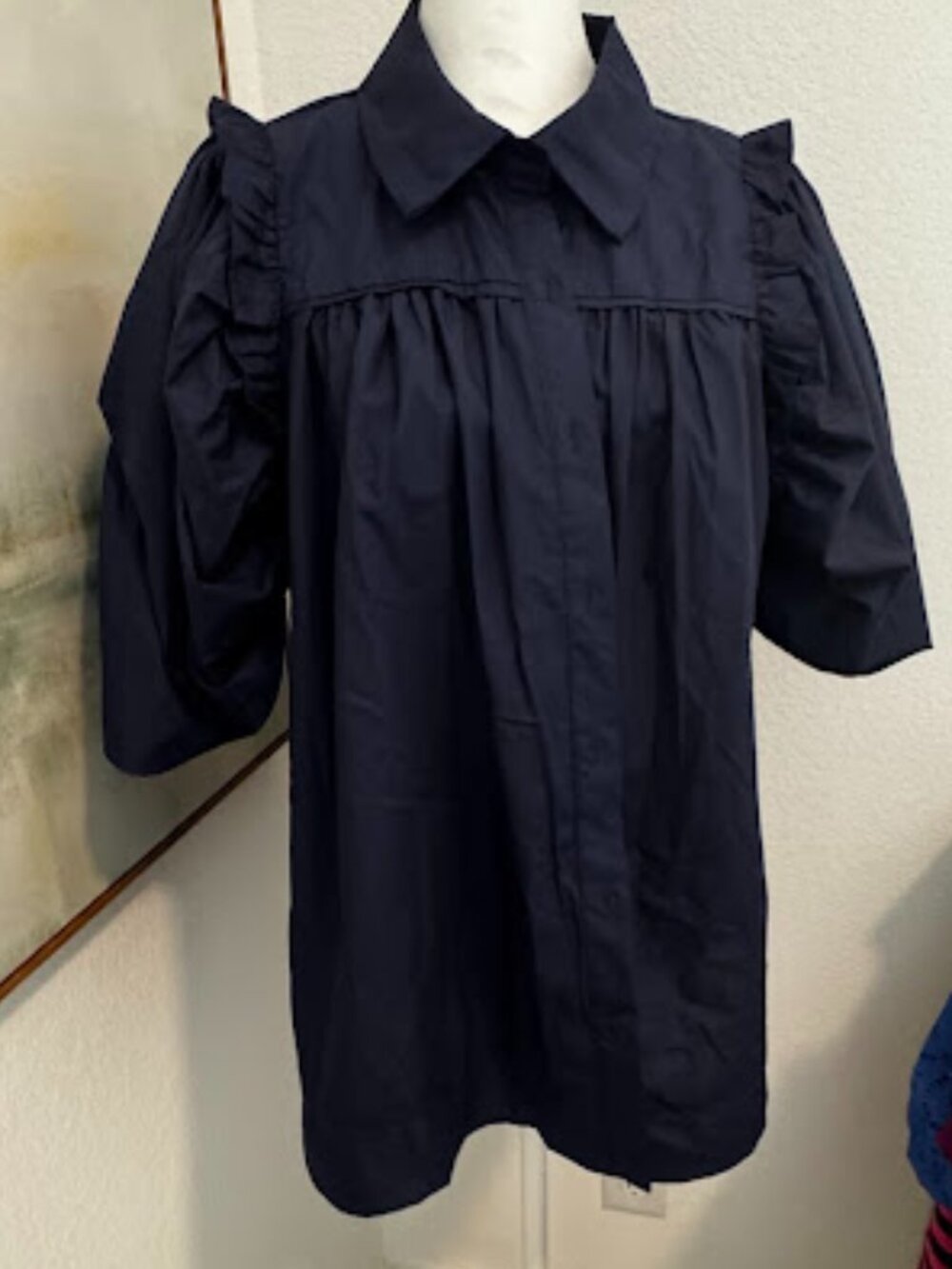 Womens Navy Puff Sleeve Button-Front Top